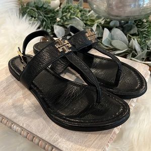 Tory Burch Black and Gold Sandals Size 7.5